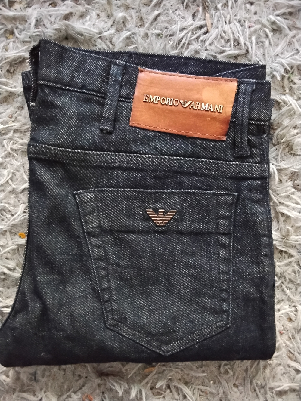 Emporio Armani Men's Black Jeans with Brown Leather Patch
